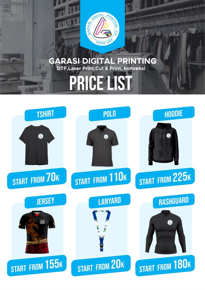 Daftar harga kaos, polo, hoodie, jersey, lanyard, dan rashguard