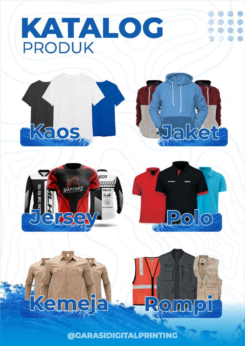 Halaman katalog produk kaos, jaket, jersey, polo, kemeja, dan rompi